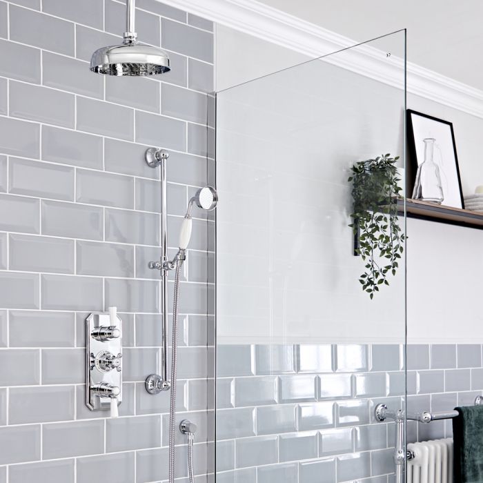 Milano Elizabeth - Chrome and White Traditional Thermostatic Shower with Ceiling Mounted Shower Head and Riser Rail (2 Outlet)