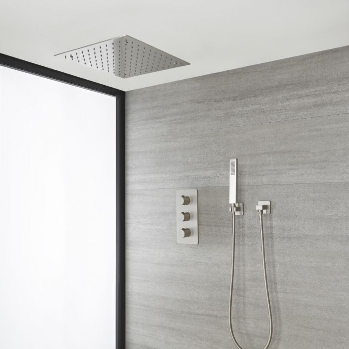 Milano Hunston - Brushed Nickel Thermostatic Shower with Recessed Shower Head and Hand Shower (2 Outlet)