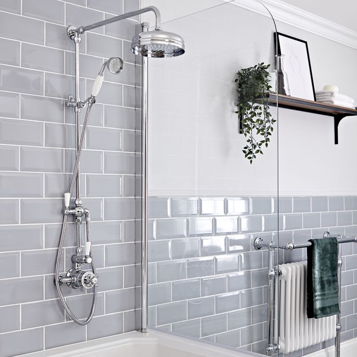 Milano Elizabeth - Chrome and White Traditional Twin Exposed Thermostatic Shower with Grand Rigid Riser Rail (2 Outlet)