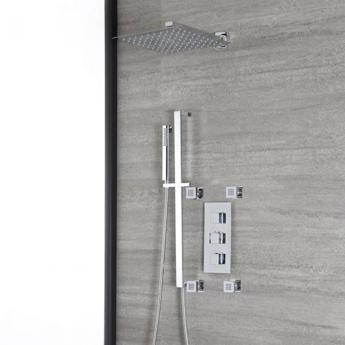 Milano Arvo - Chrome Thermostatic Shower with Diverter, Shower Head, Hand Shower, Riser Rail and Body Jets (3 Outlet)