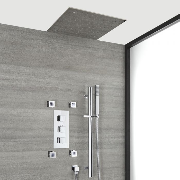 Milano Arvo - Chrome Thermostatic Shower with Diverter, Recessed Shower Head, Body Jets and Riser Rail with Hand Shower (3 Outlet)
