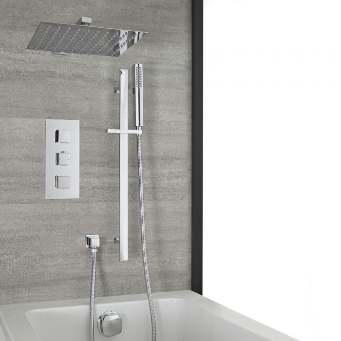 Milano Arvo - Chrome Thermostatic Shower with Diverter, Overflow Bath Filler, Shower Head, and Riser Rail with Hand Shower (3 Outlet)