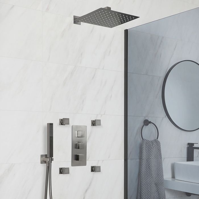 Milano Orno - Gun Metal Grey Thermostatic Shower with Diverter, Shower Head, Hand Shower and Body Jets (3 Outlet)