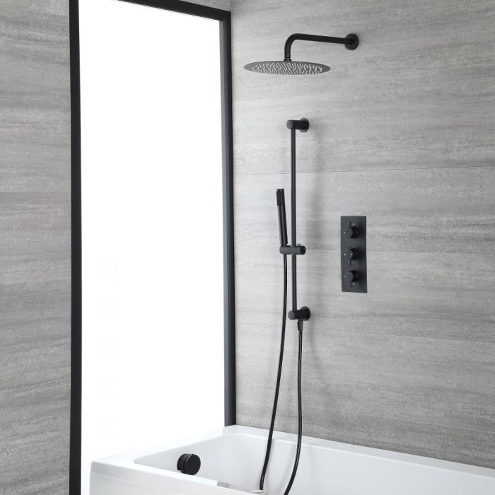 Milano Nero - Black Thermostatic Shower with Shower Head, Overflow Bath Filler and Riser Rail with Hand Shower (3 Outlet)