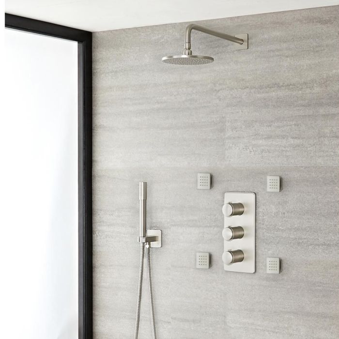 Milano Ashurst - Brushed Nickel Thermostatic Shower with Diverter, Shower Head, Hand Shower and Body Jets (3 Outlet)