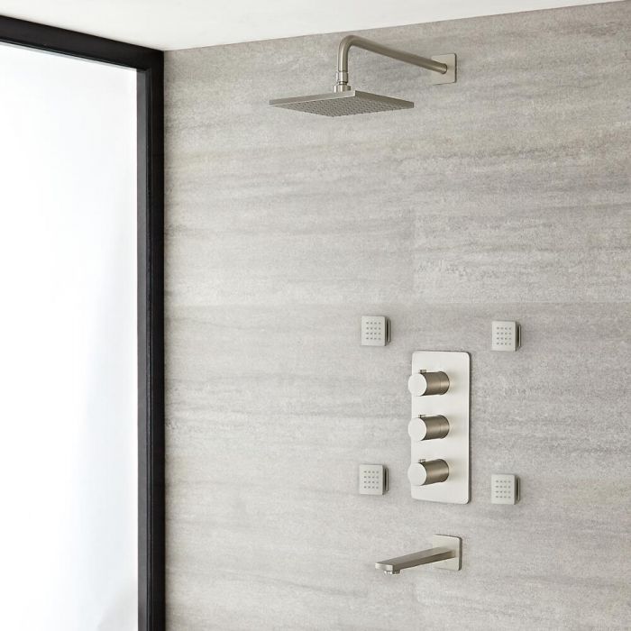 Milano Hunston - Triple Diverter Thermostatic Shower Valve, Square Head, Spout and Body Jets - Brushed Nickel
