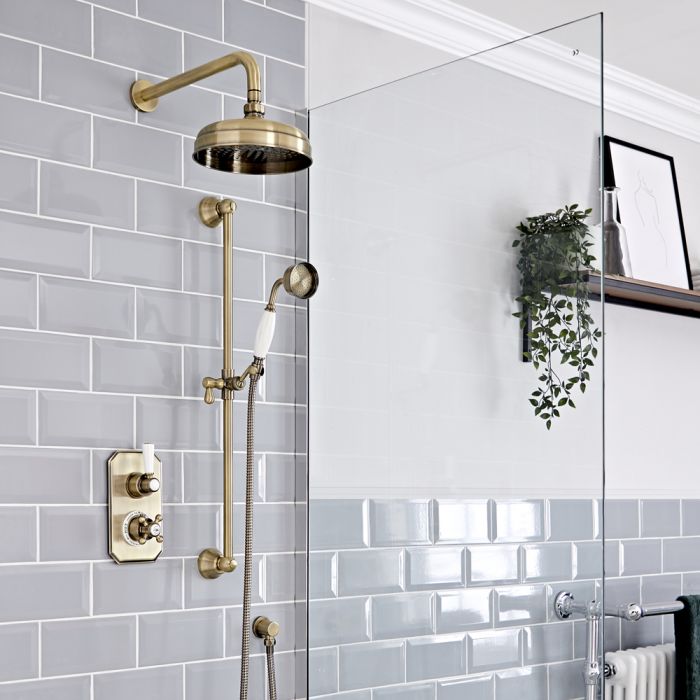 Milano Elizabeth - Brushed Gold Traditional Thermostatic Shower with Diverter, Shower Head, Hand Shower and Riser Rail (2 Outlet)