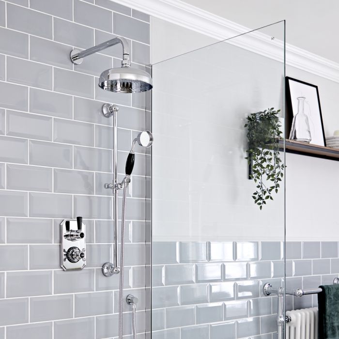 Milano Elizabeth - Chrome and Black Traditional Thermostatic Shower with Diverter, Shower Head, Hand Shower and Riser Rail (2 Outlet)