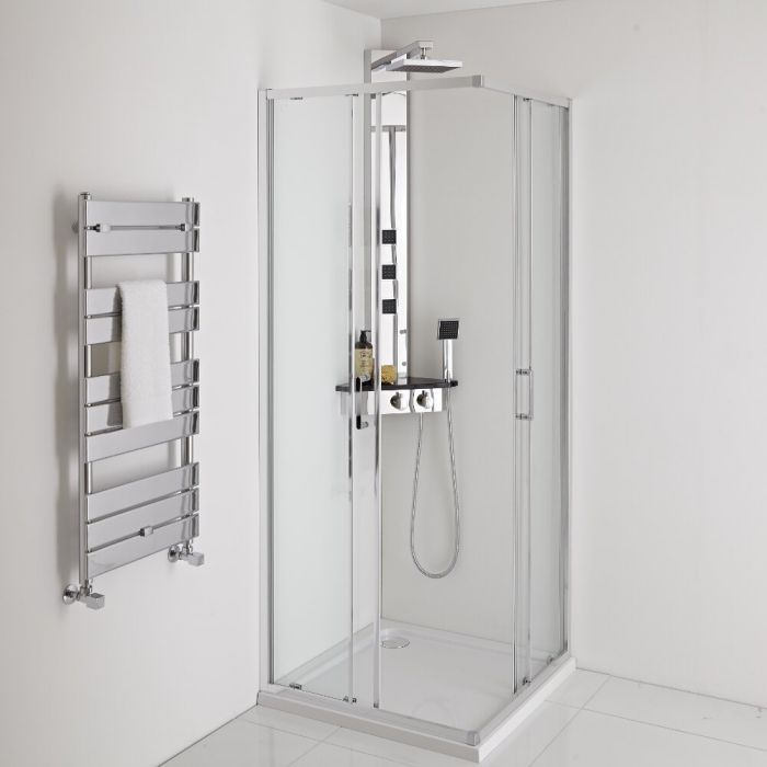 Milano Astley - Modern Corner Thermostatic Shower Tower Panel with Large Shower Head, Hand Shower, Body Jets and Shelf - Chrome and Black