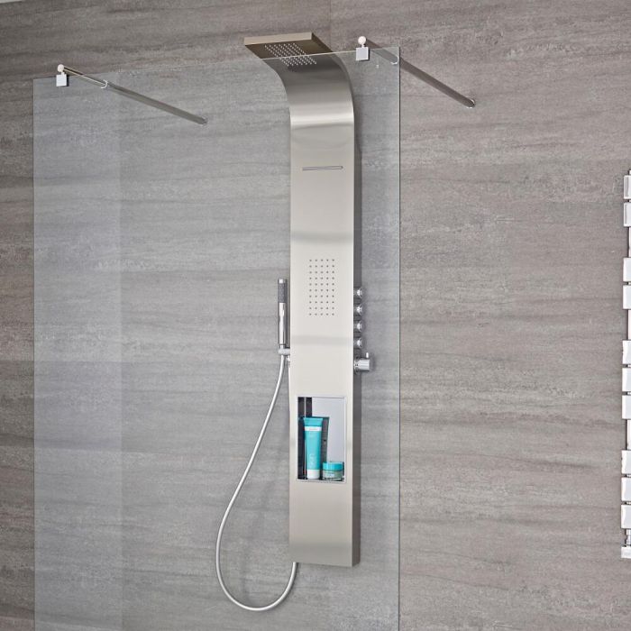 Milano Vista - Modern Exposed Thermostatic Shower Tower Panel with Shelf, Large Shower Head, Waterblade, Hand Shower and Body Jets - Chrome