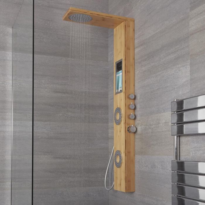Milano Karr - Modern Exposed Shower Tower Panel with Shelf, Large Shower Head, Hand Shower and Body Jets - Bamboo