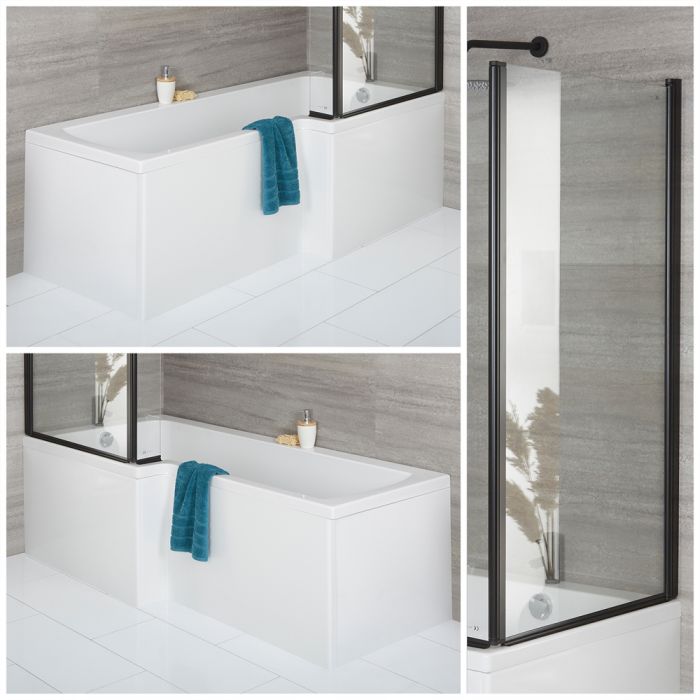 Milano Elswick - 1700mm x 850mm Square Shower Bath with Black Bath Screen and Side Panel - Left and Right Hand Options