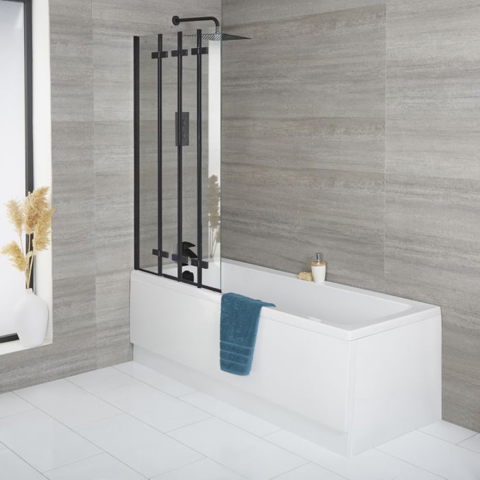 Milano Farington - Standard Single Ended Bath with Black Folding Bath Screen and Side Panel - Choice of Sizes