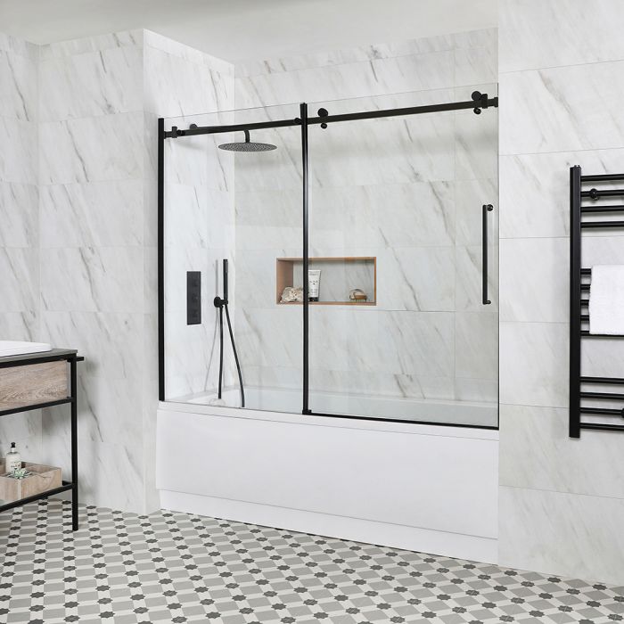 Milano Farington - Standard Single Ended Bath with Black Sliding Bath Screen and Side Panel - Choice of Sizes