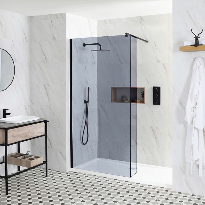 Milano Nero-Luna - Smoked Glass Walk-In Shower Enclosure with Tray - Choice of Sizes and Hinged Return Panel Option
