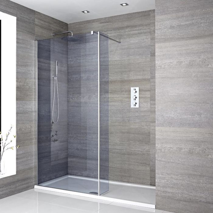 Milano Portland-Luna - Smoked Glass Walk-In Shower Enclosure with Tray - Choice of Sizes and Hinged Return Panel Option