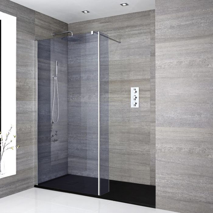 Milano Portland-Luna - Smoked Glass Walk-In Shower Enclosure with Slate Tray - Choice of Sizes and Hinged Return Panel Option