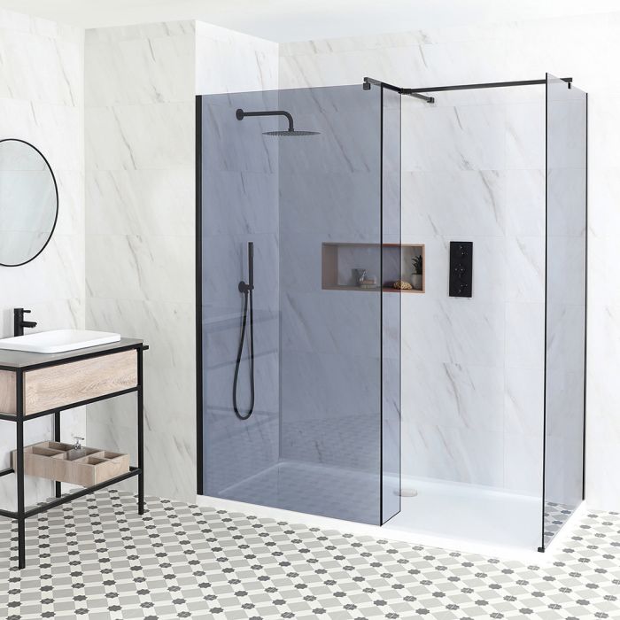 Milano Nero-Luna - Smoked Glass Corner Walk-In Shower Enclosure with Tray - Choice of Sizes and Hinged Return Panel Option