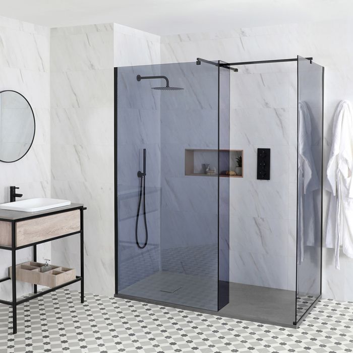 Milano Nero-Luna - Smoked Glass Corner Walk-In Shower Enclosure with Slate Tray - Choice of Sizes and Hinged Return Panel Option