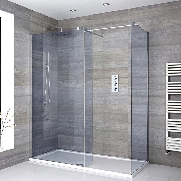 Milano Portland-Luna - Smoked Glass Corner Walk-In Shower Enclosure with Tray - Choice of Sizes and Hinged Return Panel Option