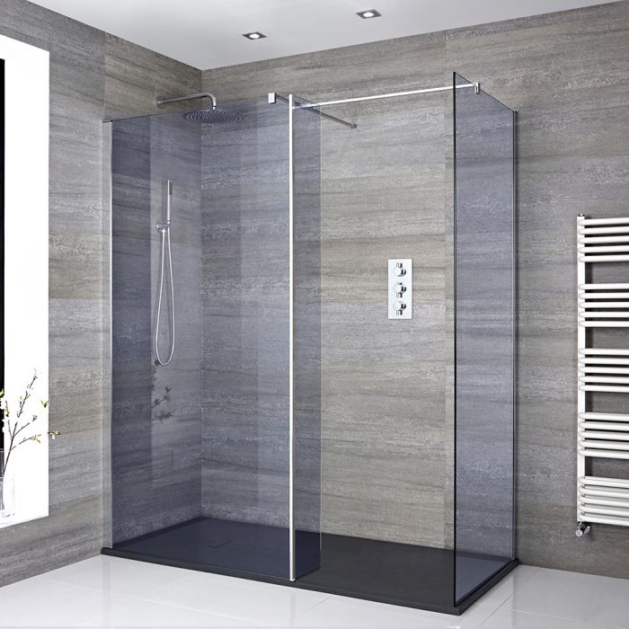 Milano Portland-Luna - Smoked Glass Corner Walk-In Shower Enclosure with Slate Tray - Choice of Sizes and Hinged Return Panel Option