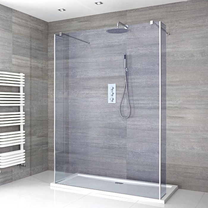 Milano Portland-Luna - Smoked Glass Floating Walk-In Shower Enclosure with Tray - Choice of Sizes and Hinged Return Panel Option