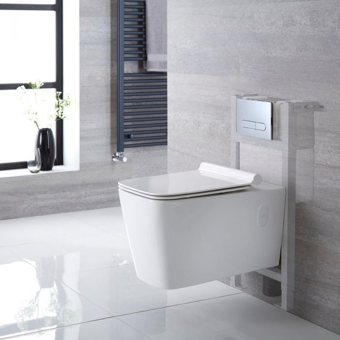 Milano Elswick - White Modern Wall Hung Toilet with Short Wall Frame - Choice of Flush Plate