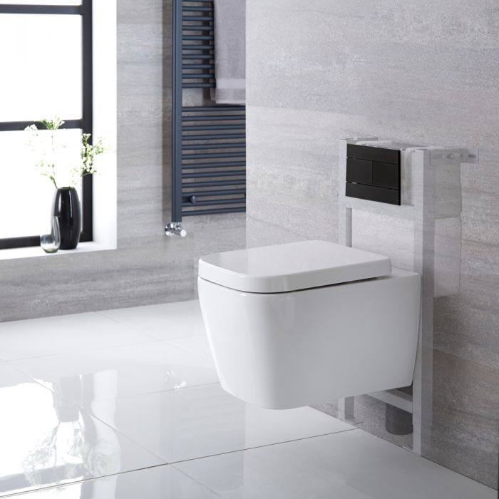 Milano Longton - White Modern Wall Hung Toilet with Short Wall Frame - Choice of Flush Plate