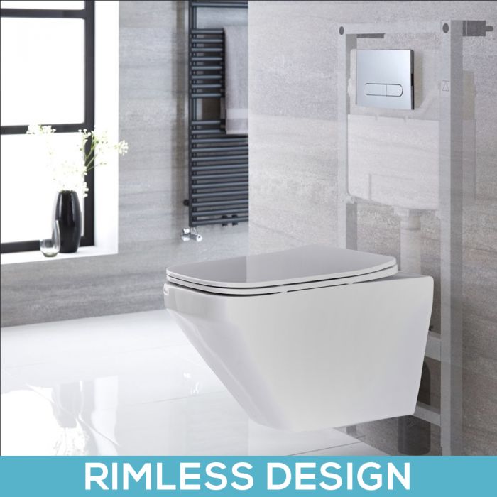 Milano Farington - White Modern Rimless Wall Hung Toilet with Tall Wall Frame - Choice of Flush Plate
