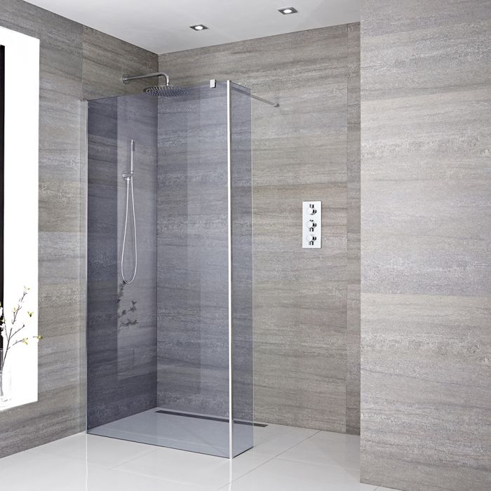 Milano Portland-Luna - Smoked Glass Wet Room Shower Enclosure with Hinged Return Panel - Choice of Glass Size and Drain