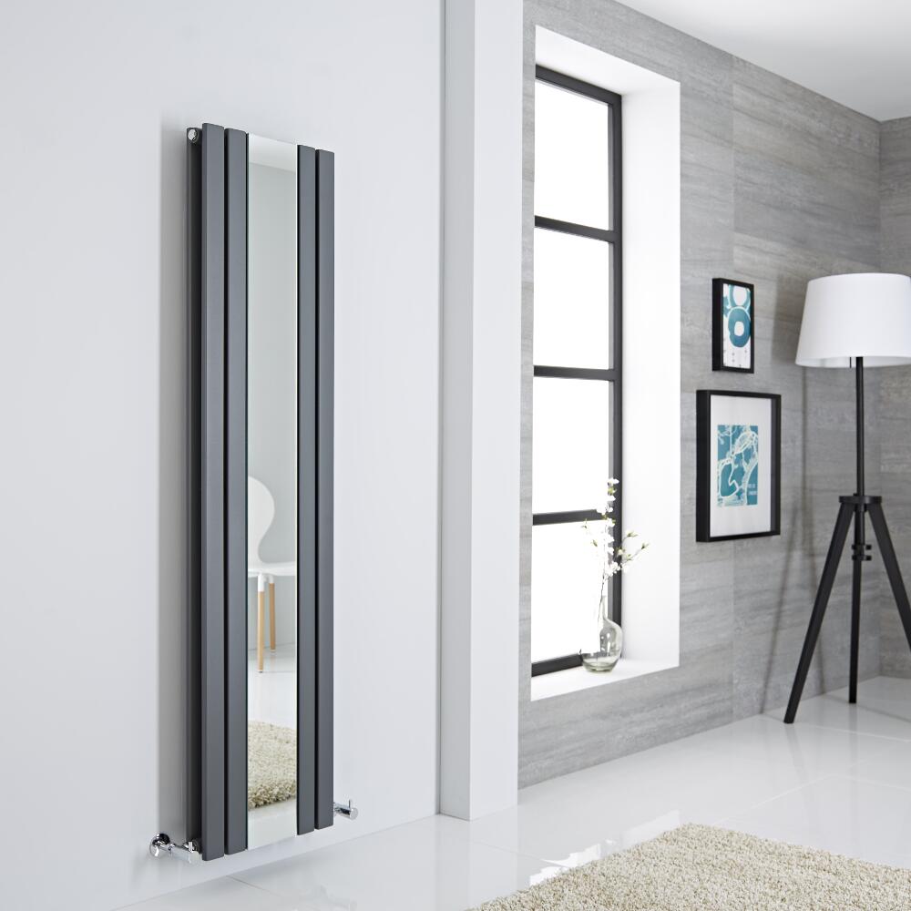 Milano Icon - Anthracite Vertical Designer Radiator With Mirror - 1600mm x 385mm