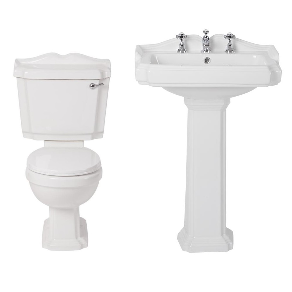 Milano Windsor - Traditional Close Coupled Toilet and 3 Tap-Hole Pedestal Basin Set