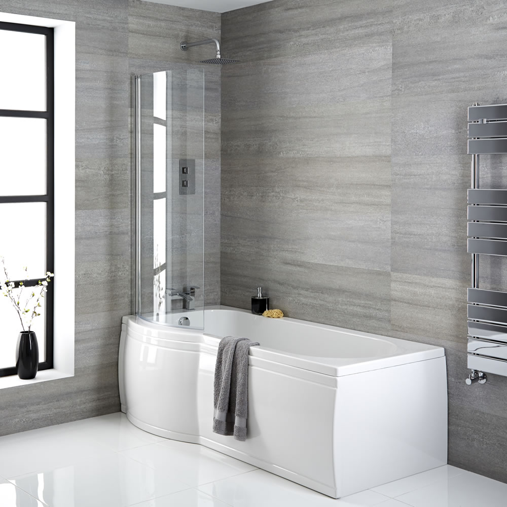 Milano Newby - 1675mm x 850mm P Shape Curved Shower Bath with Panels and Screen - Left Hand