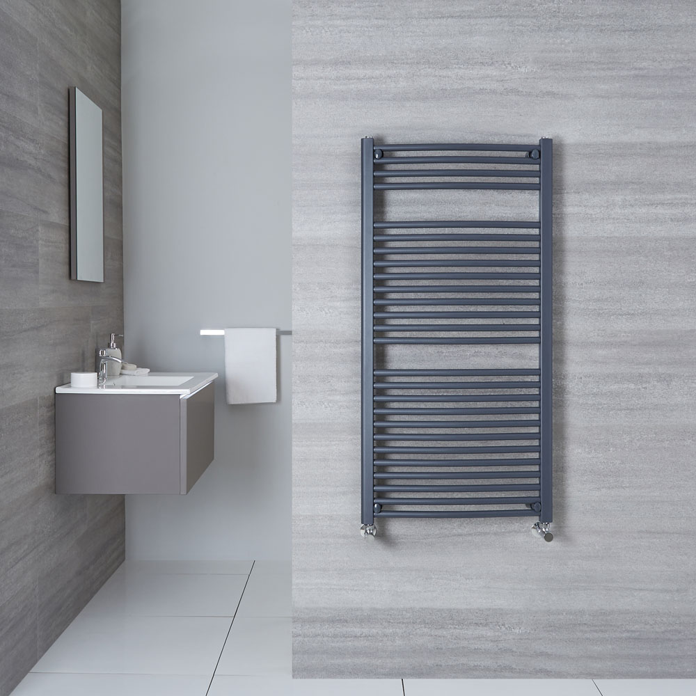 Milano Brook - Anthracite Curved Heated Bathroom Towel Radiator Rail - 1200mm x 600mm