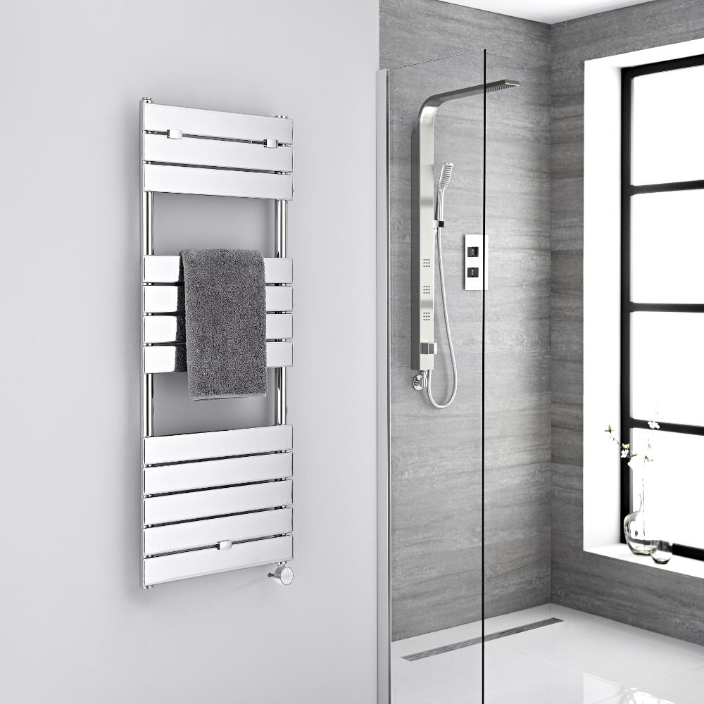 Milano Lustro Electric - Chrome Flat Panel Designer Heated Towel Rail - 1213mm x 450mm