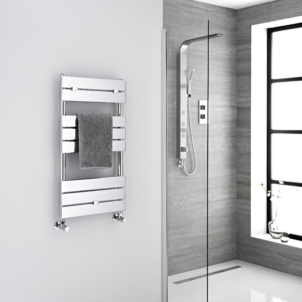 Milano Lustro - Chrome Flat Panel Designer Heated Towel Rail - 840mm x 450mm