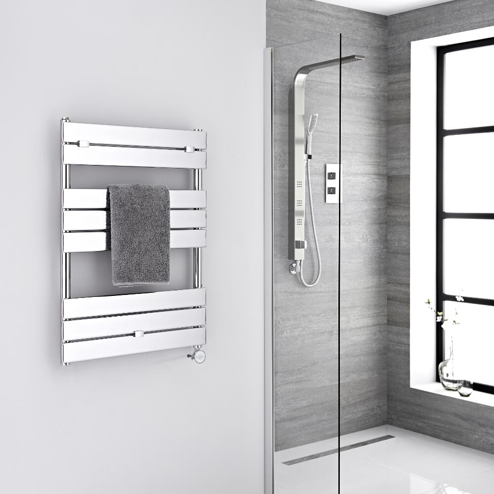 Milano Lustro Electric - Chrome Flat Panel Designer Heated Towel Rail - 840mm x 600mm