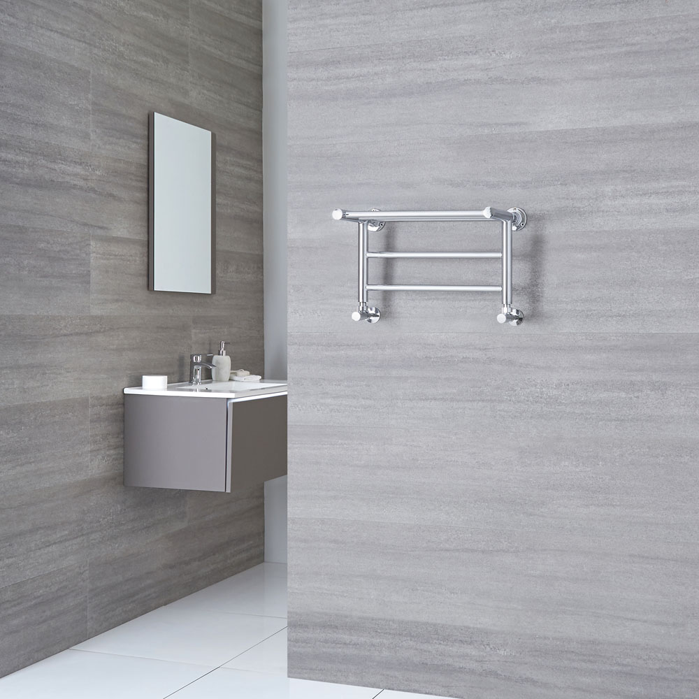 Milano Pendle - Chrome Heated Towel Rail with Heated Shelf - 294mm x 532mm