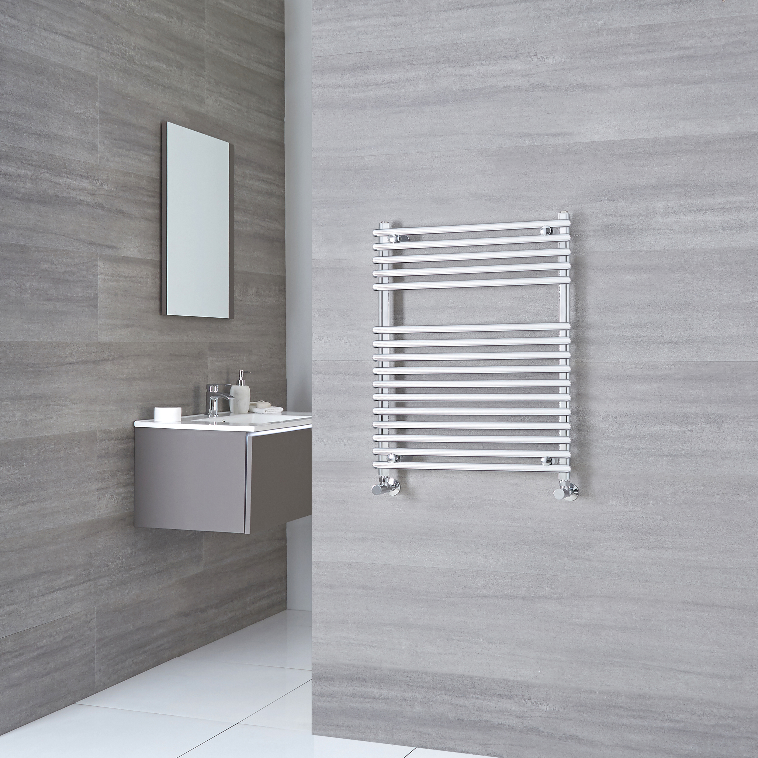 Kudox Harrogate - Chrome Flat Bar on Bar Heated Towel Rail - 750mm x 600mm