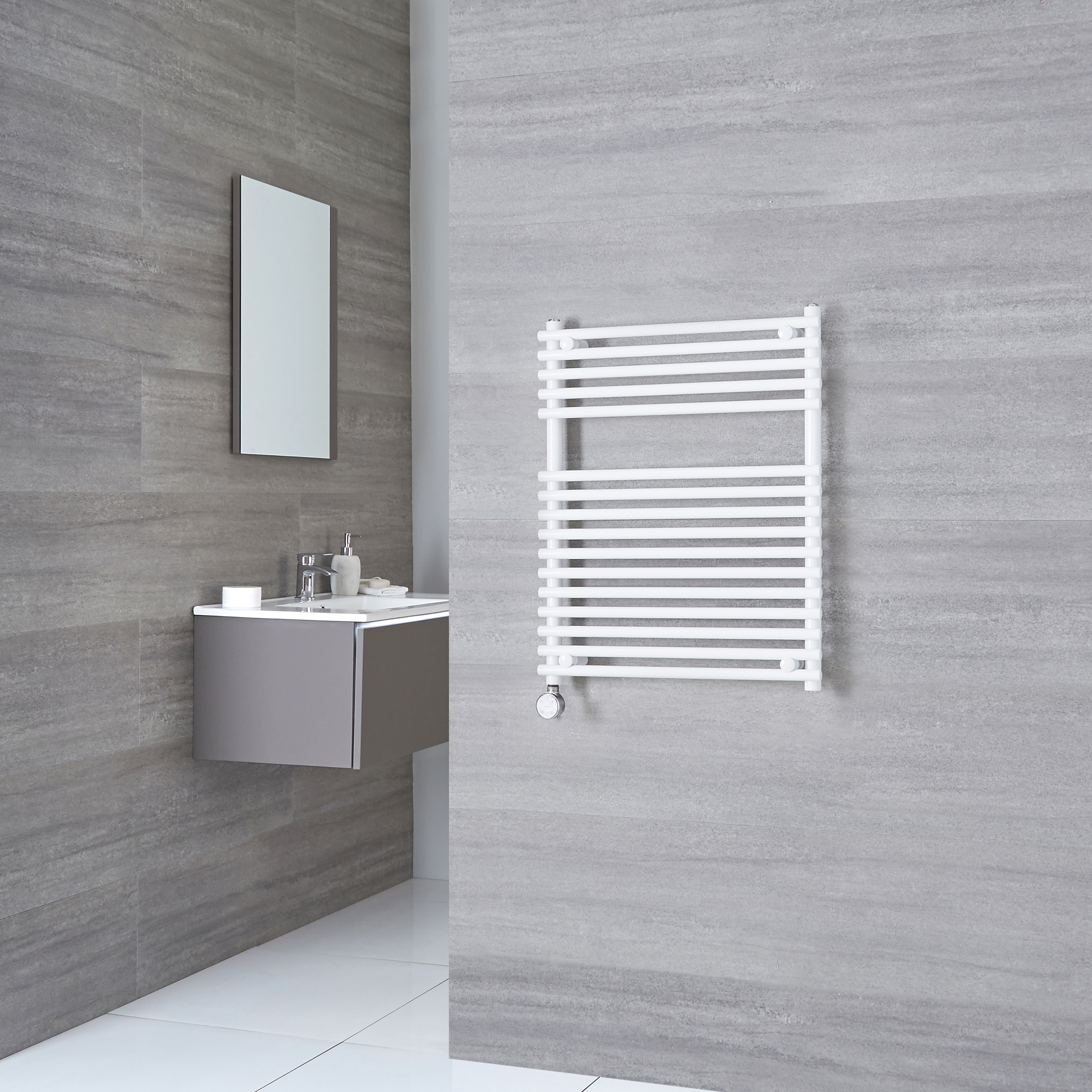 Kudox Harrogate Electric - White Flat Bar on Bar Heated Towel Rail - 750mm x 600mm