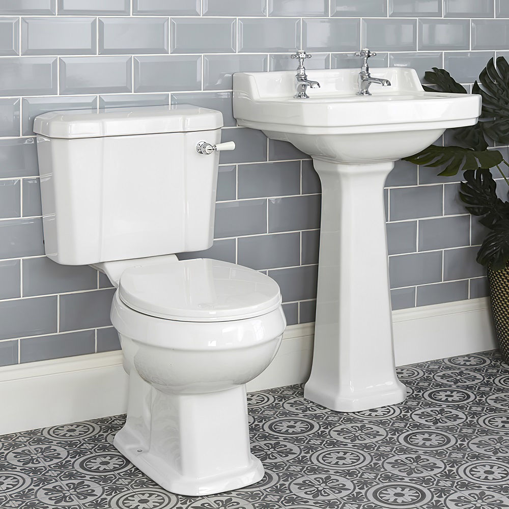 Milano Richmond - White Traditional Square Basin with Full Pedestal - 595mm x 470mm (2 Tap-Holes)