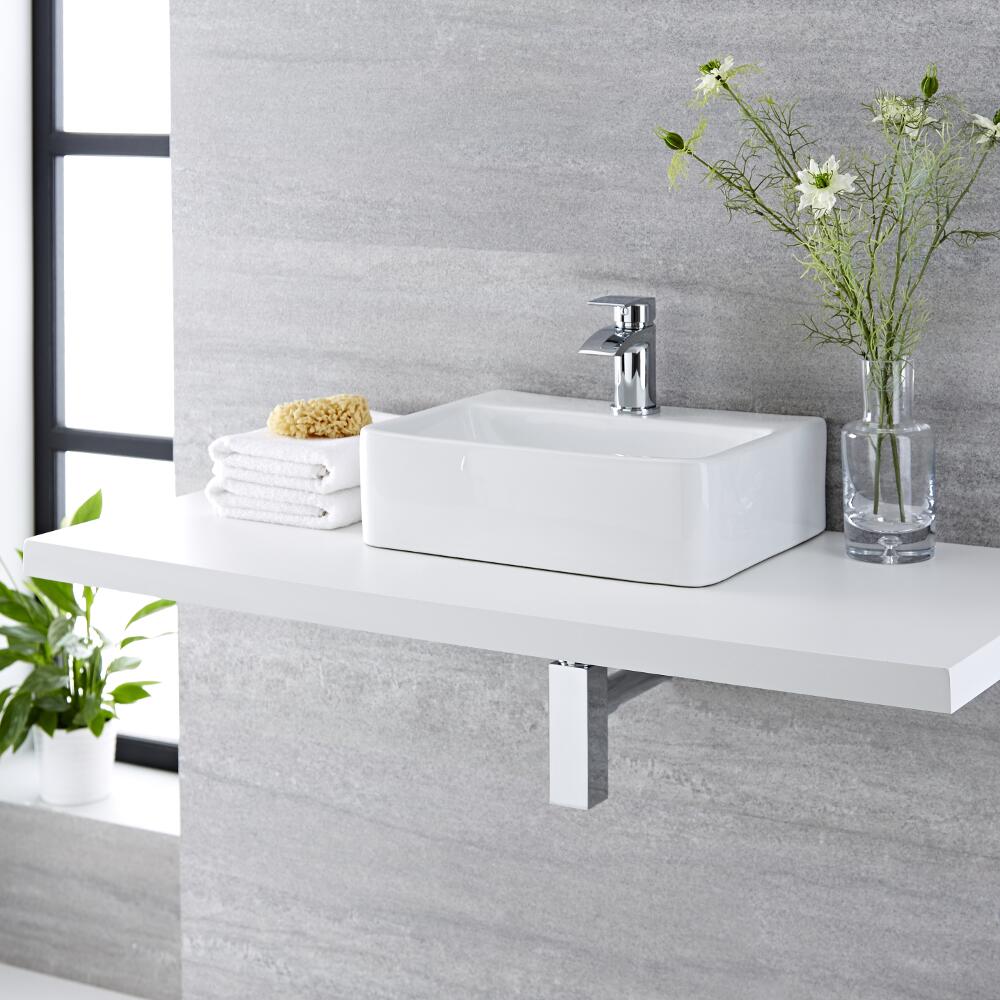 Milano Farington - White Modern Rectangular Countertop Basin with Mixer Tap - 400mm x 295mm (1 Tap-Hole)
