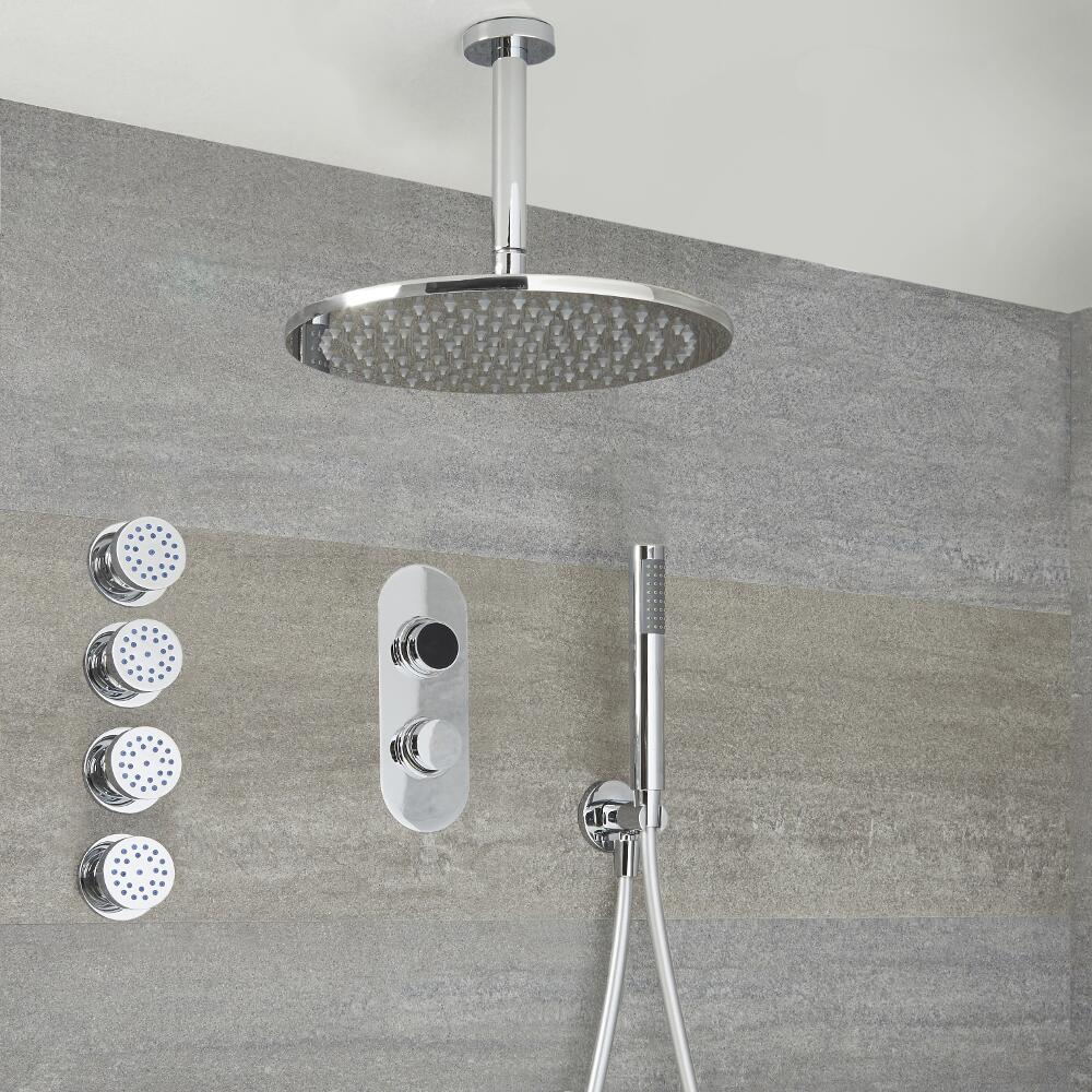 Milano Vis Three Outlet Digital Shower, Round Ceiling Mounted Head, Body Jets and Handset