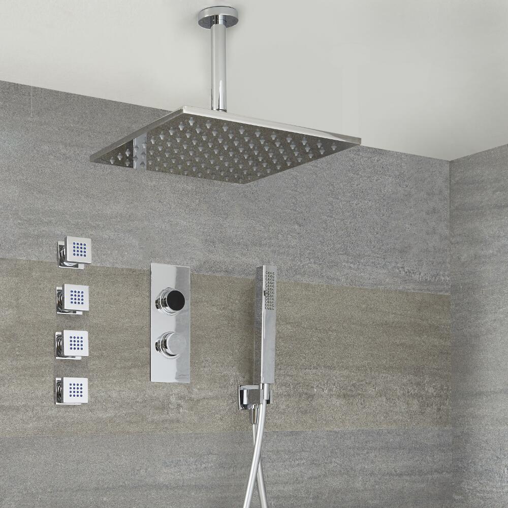 Milano Vis Three Outlet Digital Thermostatic Shower with Square Ceiling Shower Head, Handset and Body Jets