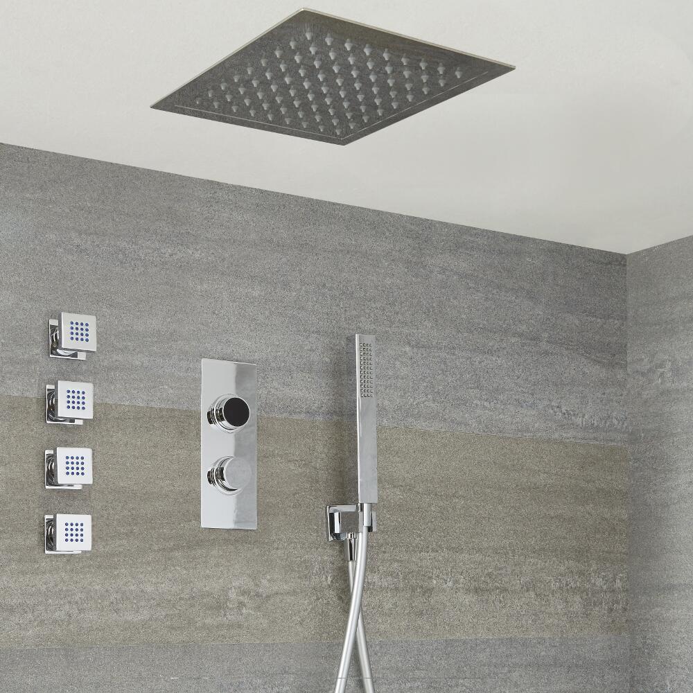 Milano Vis Three Outlet Digital Thermostatic Shower, 280mm Square Recessed Shower Head, Handset and Body Jets