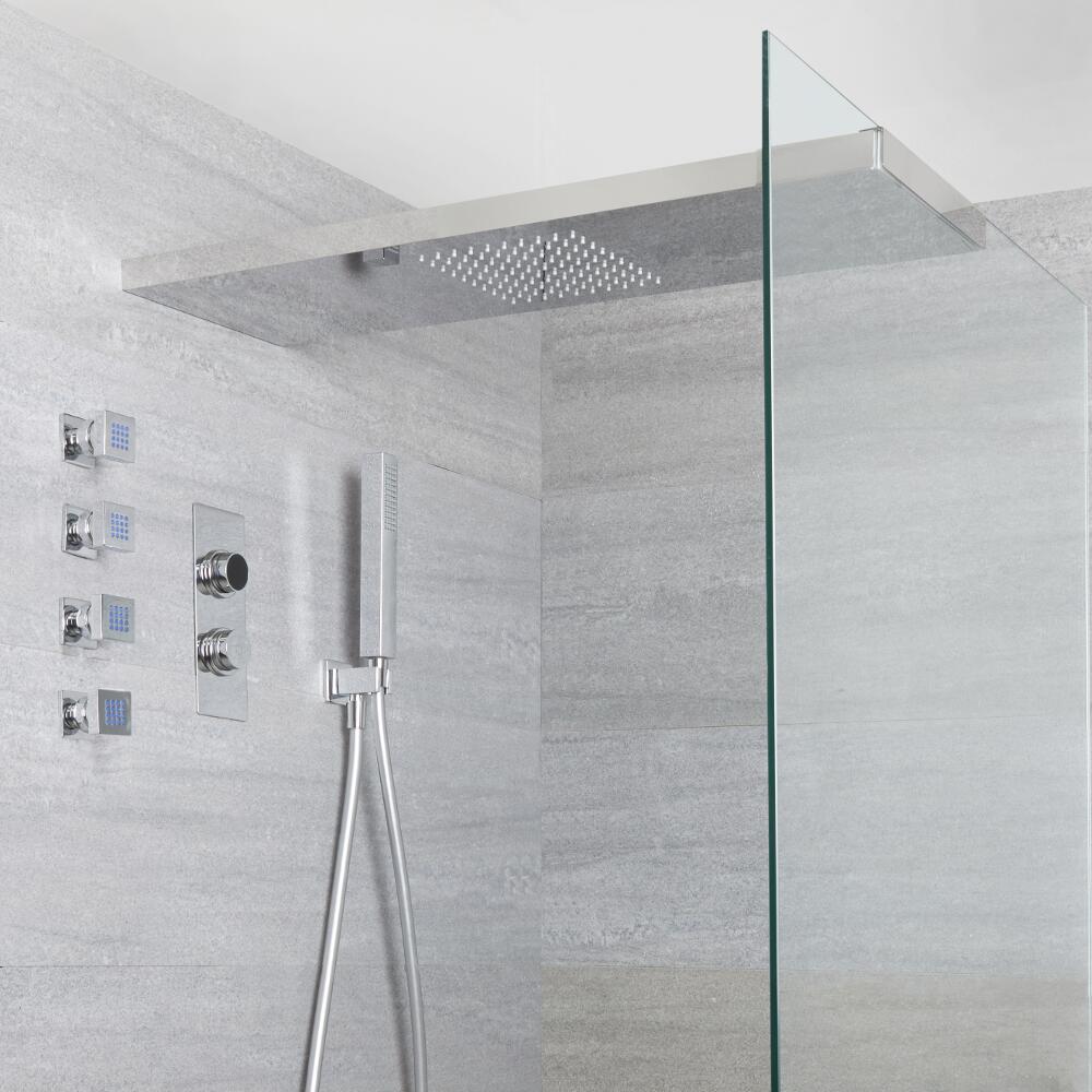 Milano Vis Three Outlet Digital Thermostatic Shower with Glass Grabbing Shower Head, Handset and Body Jets