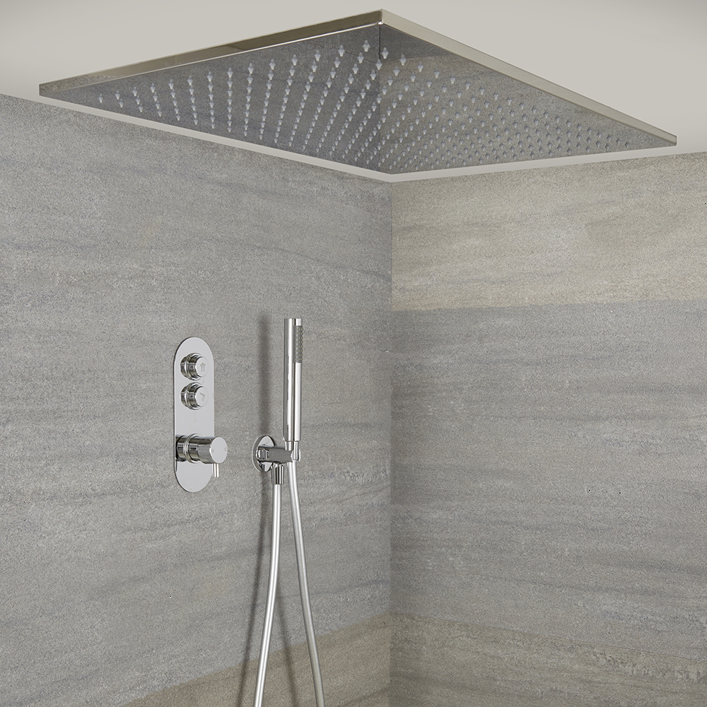 Milano Orta - Modern Thermostatic Push Button Shower Valve with Hand Shower and Large Rainfall Shower Head - Chrome