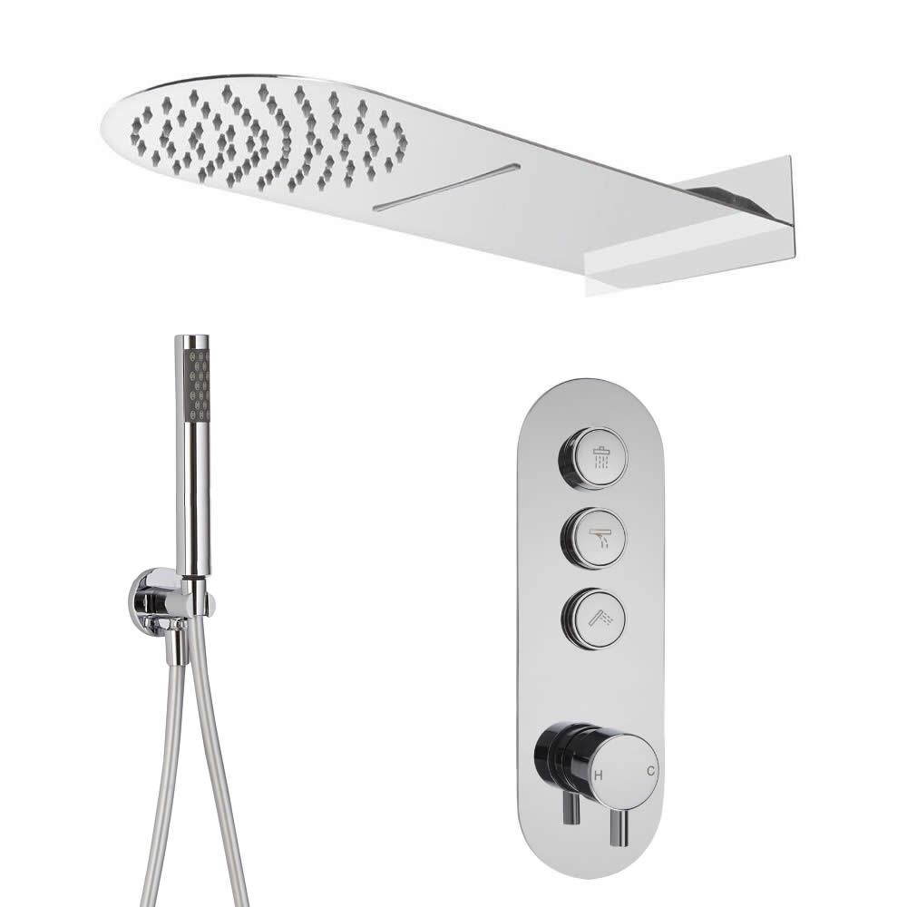 Milano Orta - 3 Outlet Push Button Shower Valve, Handset and Waterblade Shower Head