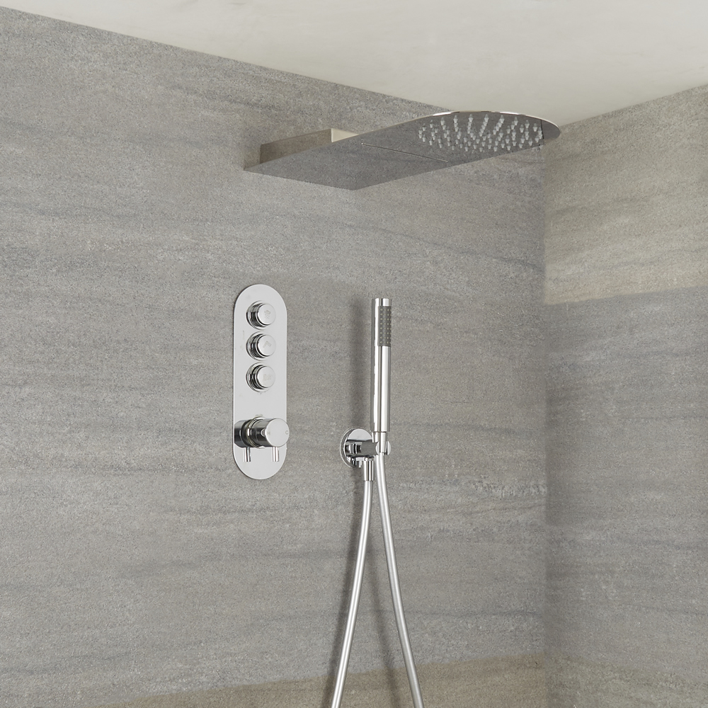 Milano Orta - 3 Outlet Push Button Shower Valve, Handset and Waterblade Shower Head