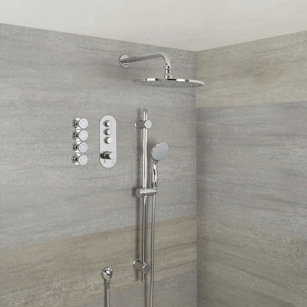 Milano Orta - 3 Outlet Push Button Shower Valve, Slide Rail Kit, 300mm Shower Head and Body Jets